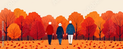 Three people walking hand in hand through a vibrant forest in autumn, surrounded by colorful foliage and fallen leaves.