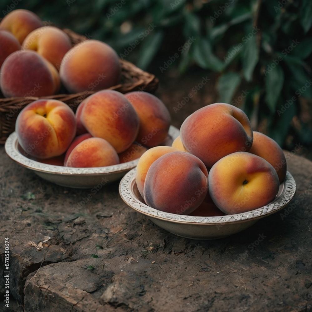 peaches in a basketRipe Juicy Peach with Leaf on White Background peaches in a basketRipe Juicy Peach with Leaf on White Background