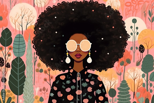 Woman with large afro, sunglasses, and floral jacket. Stylish and confident.

