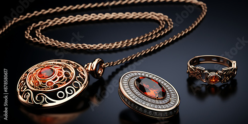 Ornate gold jewelry with reddish gemstones.
