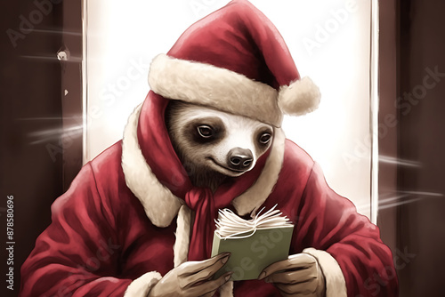 Sloth in Santa suit, holding book, peaceful scene.
