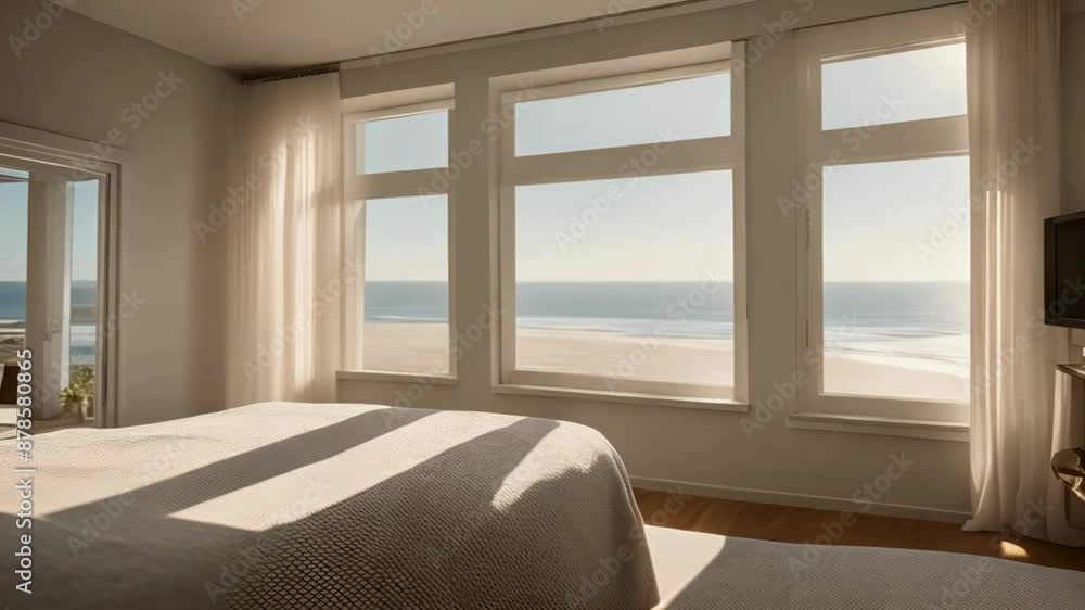 Bedroom with window, Sunlit Bedroom with Sea View, Sunlit bedroom with large windows offering a serene sea view and soft natural light Bedroom with window, Sunlit Bedroom with Sea View, Sunlit bedroom with large windows offering a serene sea view and soft natural light
