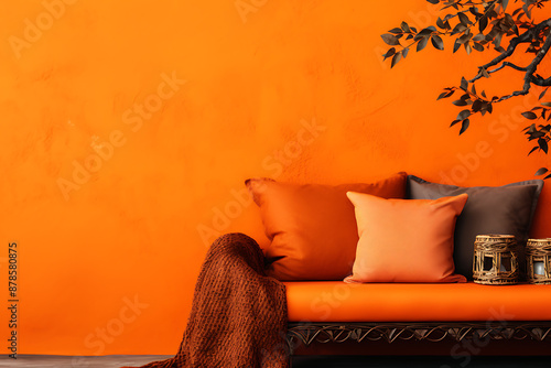 Orange couch with pillows and a throw blanket. Warm and inviting interior.
