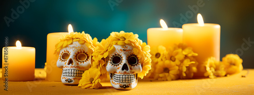 Yellow skulls adorned with flowers, candles, Day of the Dead.