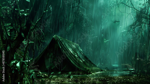 Dark, rain-soaked jungle; a tarp tent. Hidden, ominous.
