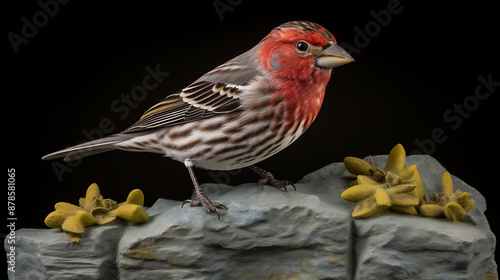 Red-breasted finch perched on rocks.
