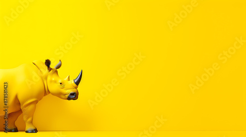 Yellow rhino figurine against a bright yellow background.
