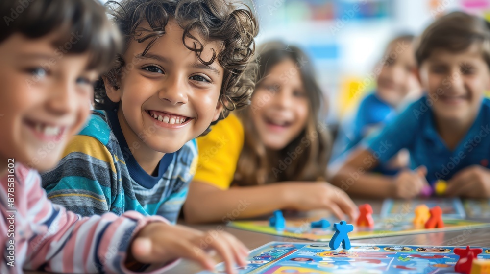 Kids playing educational board games in a vibrant classroom, ample copy space Kids playing educational board games in a vibrant classroom, ample copy space