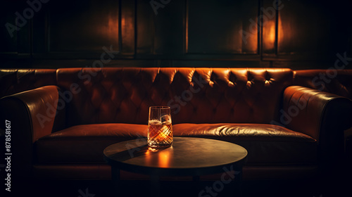 A dimly lit, brown leather couch and a glass of amber whiskey on a wooden table, evoking a feeling of relaxation and sophistication, perfect for a nightcap or a cozy evening. 
