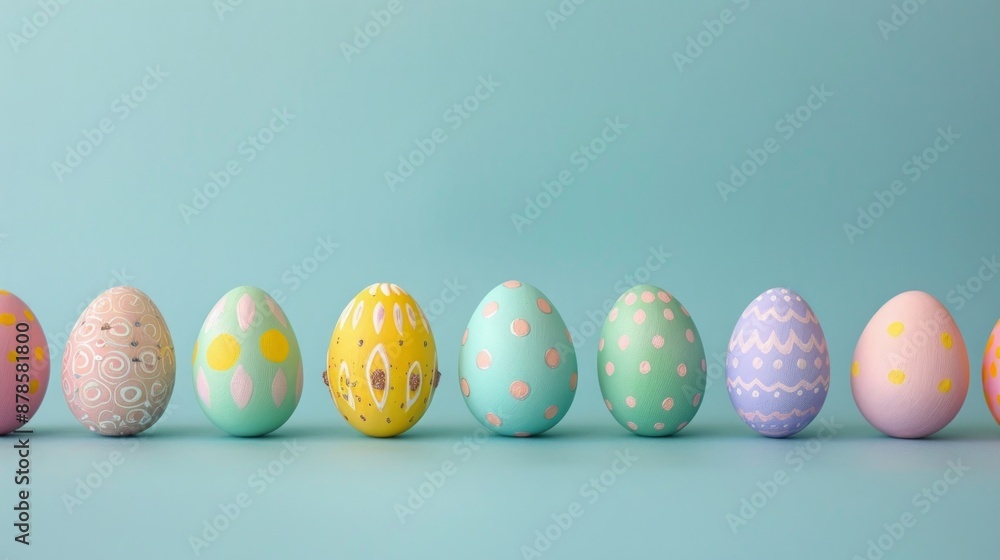Easter Eggs in a Row on a Blue Background Easter Eggs in a Row on a Blue Background