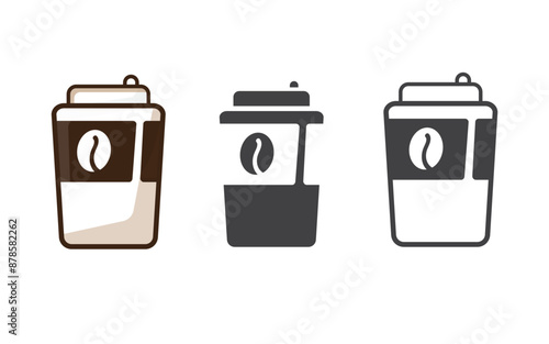 Kraft brown, white paper coffee cup with cap icon vector, illustration