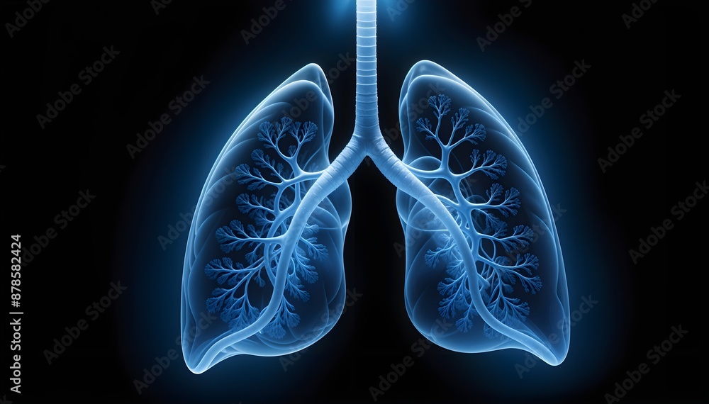 A detailed x-ray illustrated image of human lungs in black background A detailed x-ray illustrated image of human lungs in black background