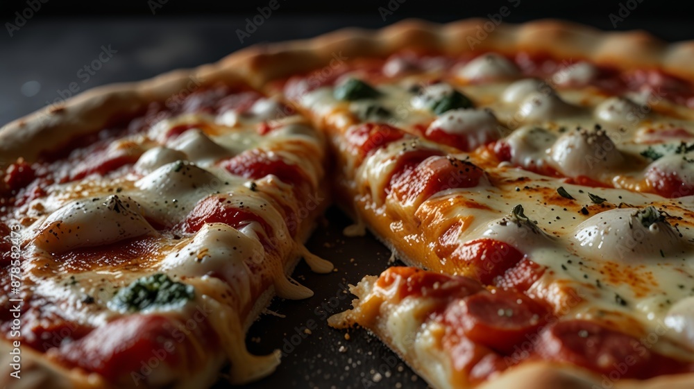 An appetizing pizza with gooey cheese and tomato sauce. An appetizing pizza with gooey cheese and tomato sauce.
