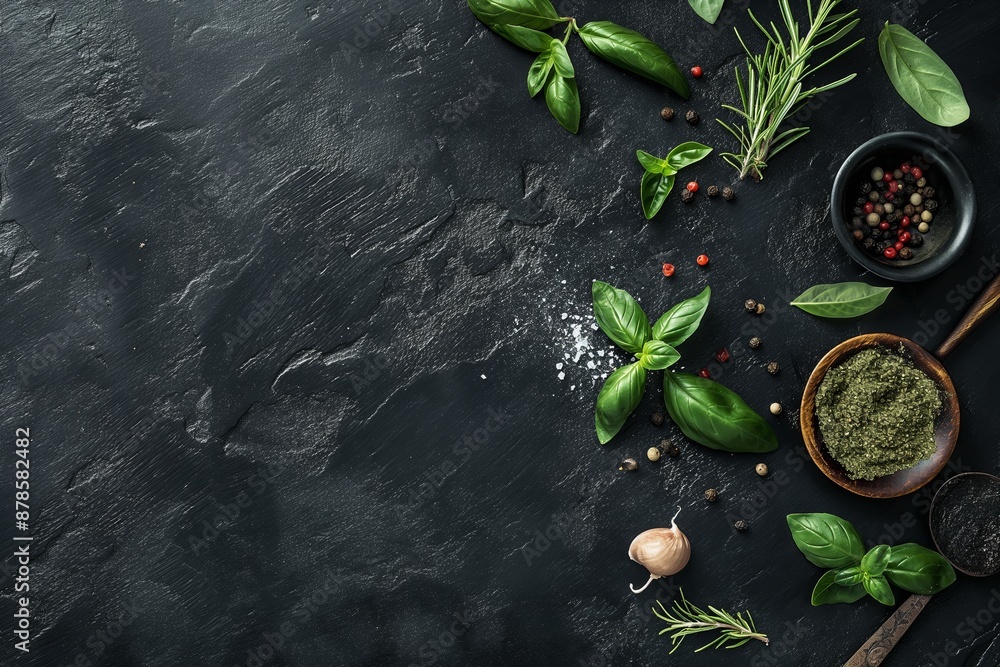 A top view of various fresh culinary herbs and spices carefully arranged on a dark slate background. A top view of various fresh culinary herbs and spices carefully arranged on a dark slate background.
