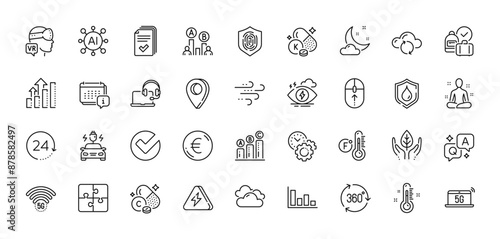 Calendar, Cloud sync and Fair trade line icons pack. AI, Question and Answer, Map pin icons. 5g notebook, Lightning bolt, Consult web icon. Euro money, 5g wifi, Graph chart pictogram. Vector