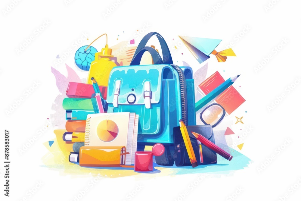 a colorful illustration of a school bag with school supplies a colorful illustration of a school bag with school supplies