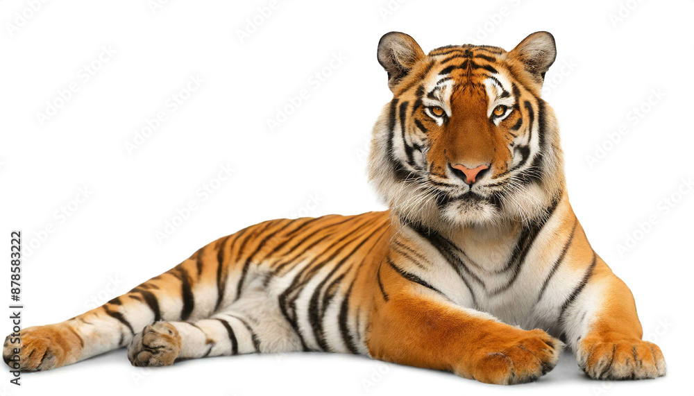 Obraz premium Tiger liegend isoliert auf weißen Hintergrund, Freisteller 