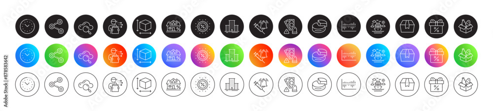 Discount offer, Bribe and Food delivery line icons. Round icon gradient buttons. Pack of Cloud computing, Discount, Pie chart icon. Column diagram, Ship travel, Time management pictogram. Vector Discount offer, Bribe and Food delivery line icons. Round icon gradient buttons. Pack of Cloud computing, Discount, Pie chart icon. Column diagram, Ship travel, Time management pictogram. Vector