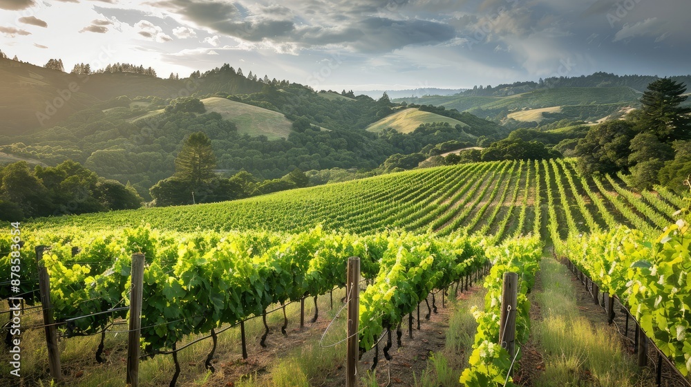 Fototapeta premium A picturesque vineyard on a hillside with rows of grapevines