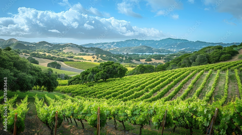 A picturesque vineyard on a hillside with rows of grapevines A picturesque vineyard on a hillside with rows of grapevines