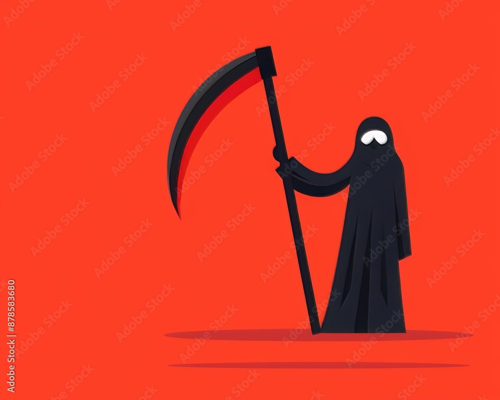 Grim Reaper with scythe, Halloween symbol of death, red background