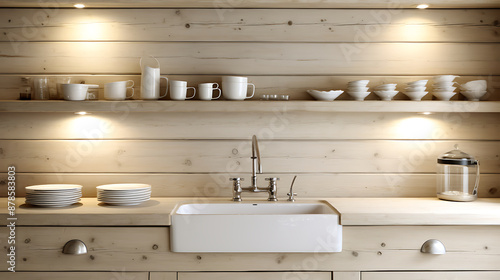 White kitchen sink, wooden cabinets, and white dishes in a minimalist, modern kitchen design, conveying a sense of clean, fresh, and simple living. 
 photo