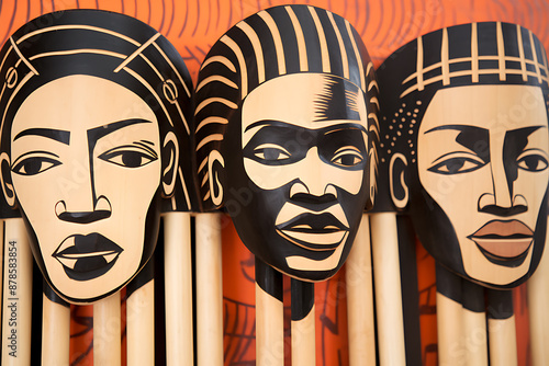 African masks, stylized faces, representing cultural heritage.
