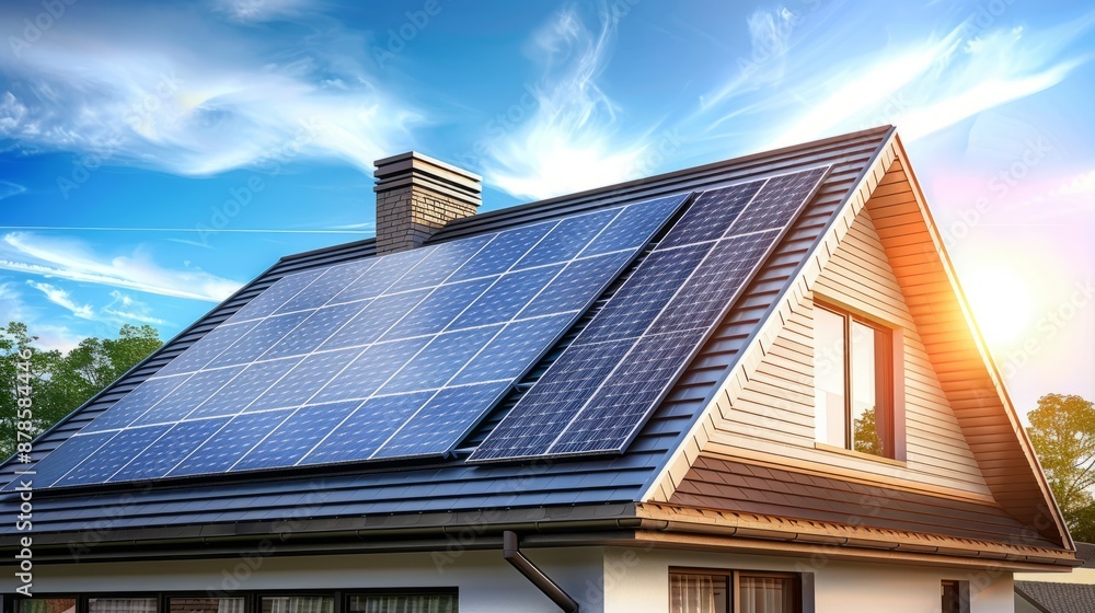 Fototapeta premium Solar Panels on a House Roof with Blue Sky
