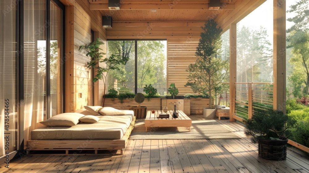 Sunlit Wooden Terrace with Cozy Seating and Greenery Sunlit Wooden Terrace with Cozy Seating and Greenery
