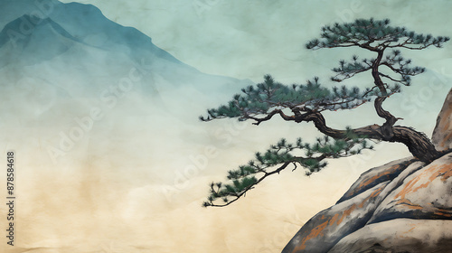 Ancient pine on a craggy rock, misty mountain backdrop.
