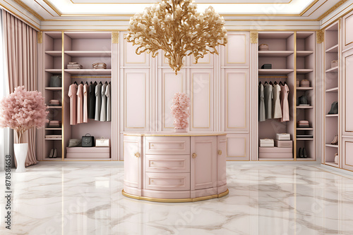 Elegant pink and gold walk-in closet with a luxurious feel, showcasing a sophisticated lifestyle. 
