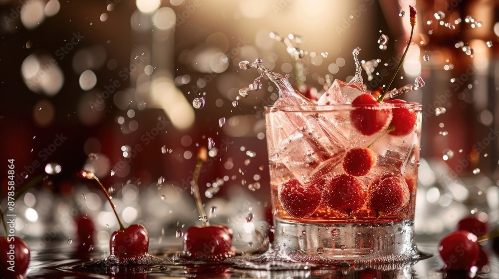 Refreshing cocktail featuring ice cherries and glass splash Refreshing cocktail featuring ice cherries and glass splash