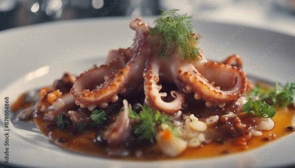 Pan fried octopus dish at luxury restaurant, ad shot
Pan fried octopus dish at luxury restaurant, ad shot
