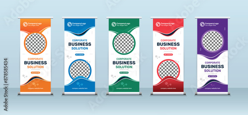 Business Roll Up Banner for Stand Poster Brochure creative concept in blue, red, green, orange, purple and yellow colors