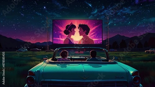 A couple sitting in a classic convertible at a drive-in movie theater, with a giant screen showing a retro film, sky twinkling stars, 4K 2D Japanese animation video