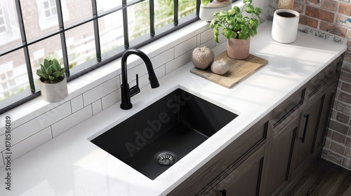 Single undermount sink with black faucet on white countertop