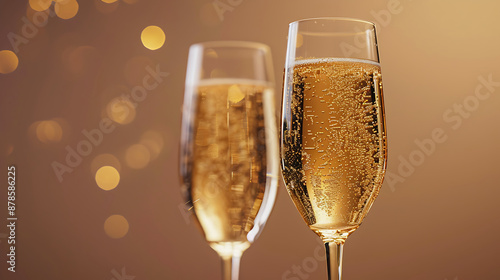 Two champagne flutes filled with bubbly golden liquid against a warm brown background with sparkling lights, perfect for celebrating New Year's Eve. 