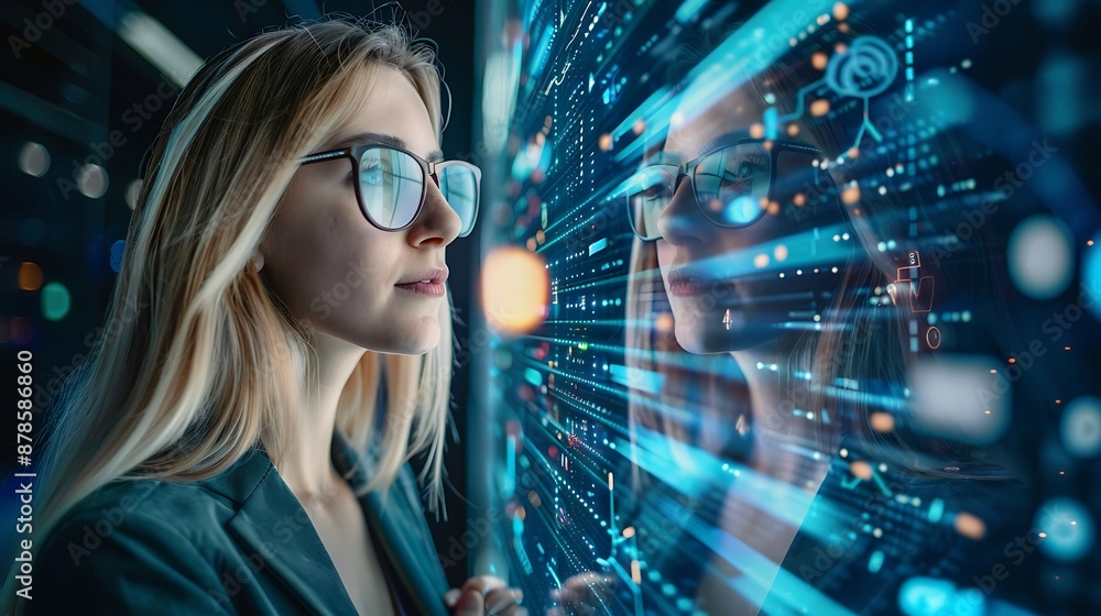Businesswoman Looking At Data on Monitor Businesswoman Looking At Data on Monitor