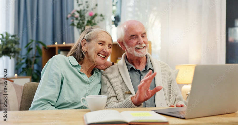 Home, happy and elderly couple with wave by laptop for video call, communication and greeting. Man, woman and smile with hello gesture by tech for telehealth, consultation or health insurance support Home, happy and elderly couple with wave by laptop for video call, communication and greeting. Man, woman and smile with hello gesture by tech for telehealth, consultation or health insurance support