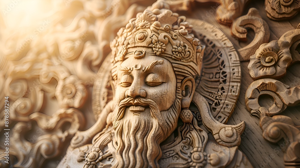 Close-up of a Wooden Carving of a Chinese God Close-up of a Wooden Carving of a Chinese God