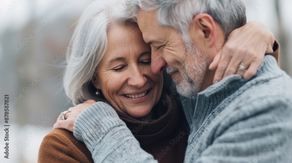 Senior couple embracing warmly, smiling and enjoying a tender moment together, illustrating love, companionship, and happiness in their golden years. Senior couple embracing warmly, smiling and enjoying a tender moment together, illustrating love, companionship, and happiness in their golden years.