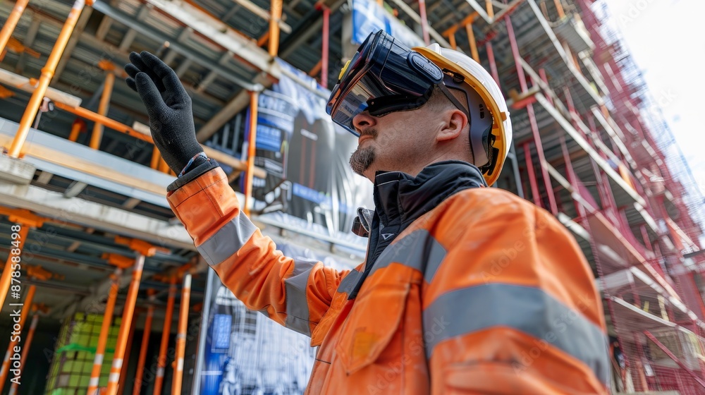 Architect using augmented reality to visualize building data on a construction site Architect using augmented reality to visualize building data on a construction site