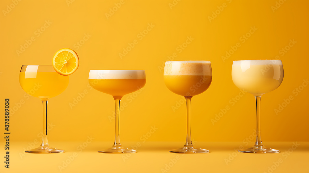 Four glasses of orange and yellow cocktails with a slice of orange on a yellow background, summer drinks, refreshing and bright.
Four glasses of orange and yellow cocktails with a slice of orange on a yellow background, summer drinks, refreshing and bright.