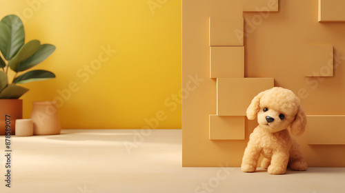 A cute, fluffy toy poodle, in a minimalist, yellow and beige studio, perfect for product displays and branding. 
