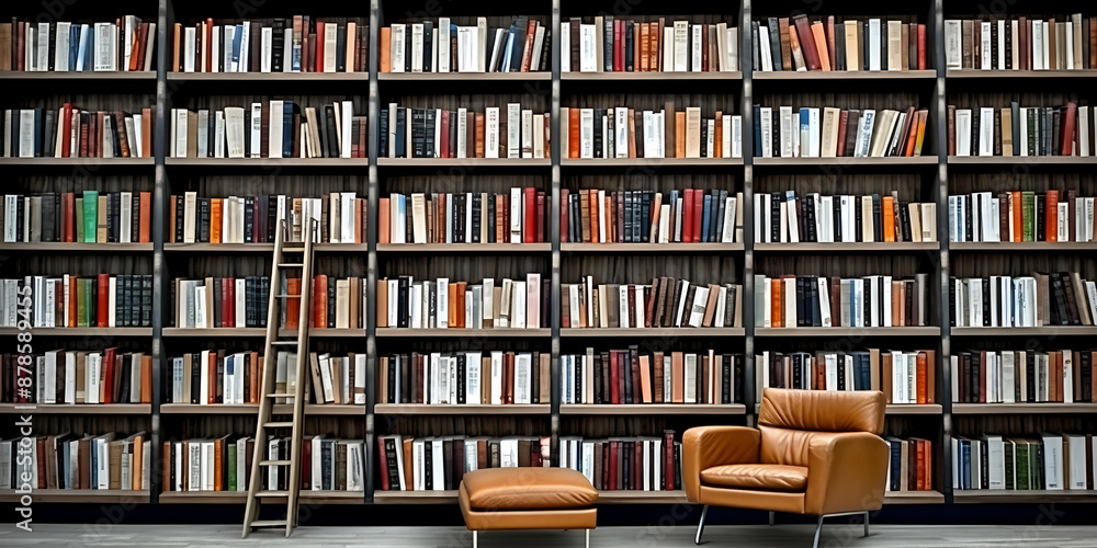 A cozy reading nook with a leather armchair, wooden ladder, and a bookshelf filled with colorful books.
A cozy reading nook with a leather armchair, wooden ladder, and a bookshelf filled with colorful books.