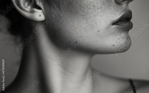 Close-up grayscale portrait of a woman's neck and face.

