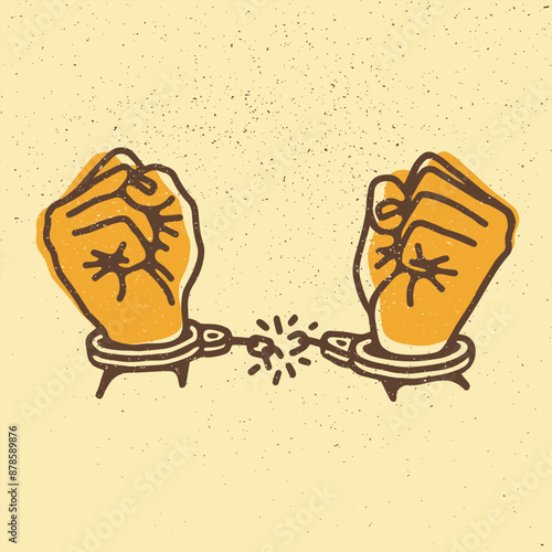 Hands with broken shackles. Vector illustration on grunge texture background