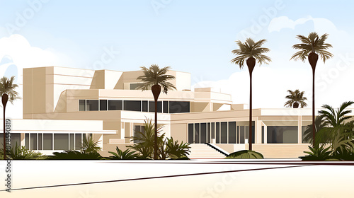 Beige modern house with palm trees, a tranquil scene.
