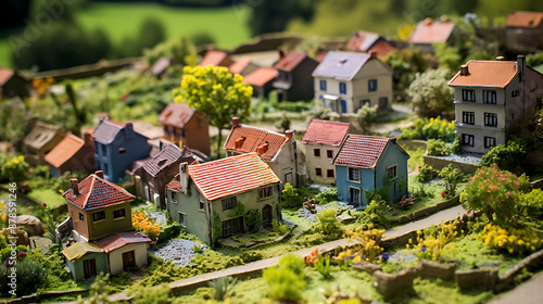 Charming miniature village with red and blue houses, perfect for a fairytale or childhood nostalgia concept. 
