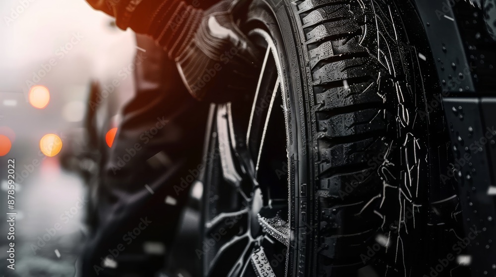 Tire Changing Repair Shop: Auto Mechanic Hand on Tire - Car Service Banner with Copy Space